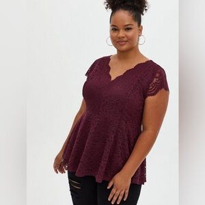 Torrid Lace V-Neck Peplum Top in Winetasting